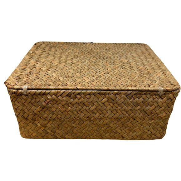 Handwoven Wicker Basket Lid Compartments Entryway Organization Boho Rustic Tea - Picture 3 of 9